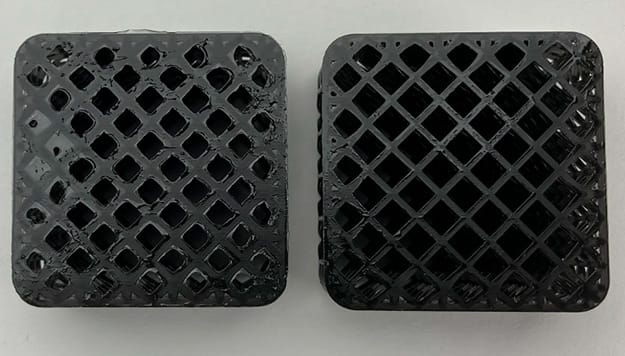 In an unadjusted print, features at the base are obscured by the effects of flashing (left); applying brightlining improves the resolution of these features (right)